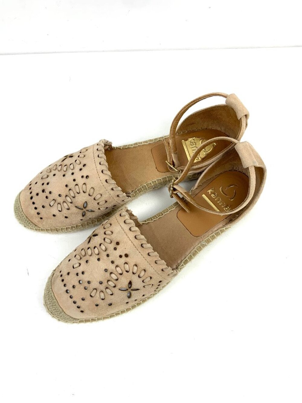Kanna Flat Closed Toe Tan/Blush Nutbuck Laser Cut Ankle Strap Espadrilles Sz 39 - Picture 3 of 16